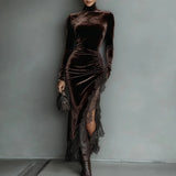 Velvet Patchwork Lace Slit Long Party Dress Woman Autumn Turtleneck Slim Pleated Boho Dress Winter Long Sleeve Hollow Maxi Dress