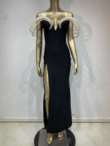 Women Celebrity Sexy Off Shoulder Pearl Black Maxi Long Bandage Bodycon Dress 2025 Elegant Evening Club Party Outfit