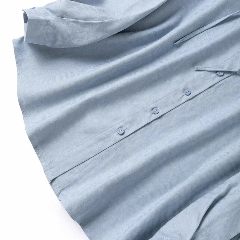 Birdtree, 100% Silk Jacquard Blouse, Spun Silk Loose Tops, Women's Hooded Full Sleeve Blue Shirt, 2026 Spring New T62004JF
