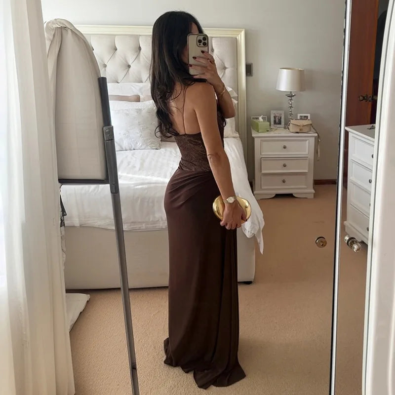 Women's Brown Sheer Lace Bodice Draped Long Dress Sexy Spaghetti Strap Party Evening Long Dresses Black Burgundy Wedding Guest