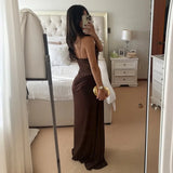 Women's Brown Sheer Lace Bodice Draped Long Dress Sexy Spaghetti Strap Party Evening Long Dresses Black Burgundy Wedding Guest