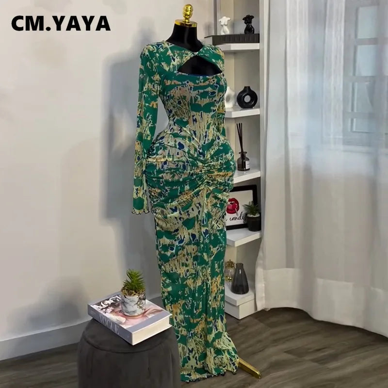 CM.YAYA Women Draped V-neck Cutout Front Ruched Stacked Bodycon Midi Long Maxi Dress 2025 Night Club Party Vestidos Sexy Dresses