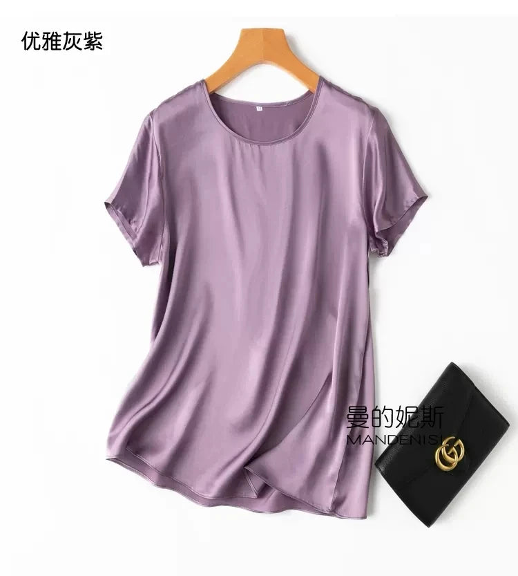 Benefits! Flowing Gem Series Basic Style Versatile Round Neck 100% Mulberry Silk Short Sleeve Silk Satin T-Shirt Top