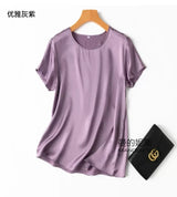 Benefits! Flowing Gem Series Basic Style Versatile Round Neck 100% Mulberry Silk Short Sleeve Silk Satin T-Shirt Top