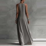 Casual Sleeveless Summer Boho Vacation Maxi Dress Woman Sexy O Neck Contrast Color Long Dress Spring Pocket A-Line Party Dresses