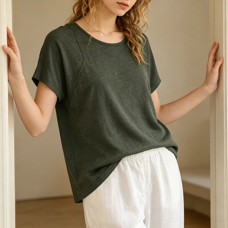 Chic Women's 100% Linen Round Neck T-Shirt Slim Designer Original Natural Short Sleeved Tee Tops