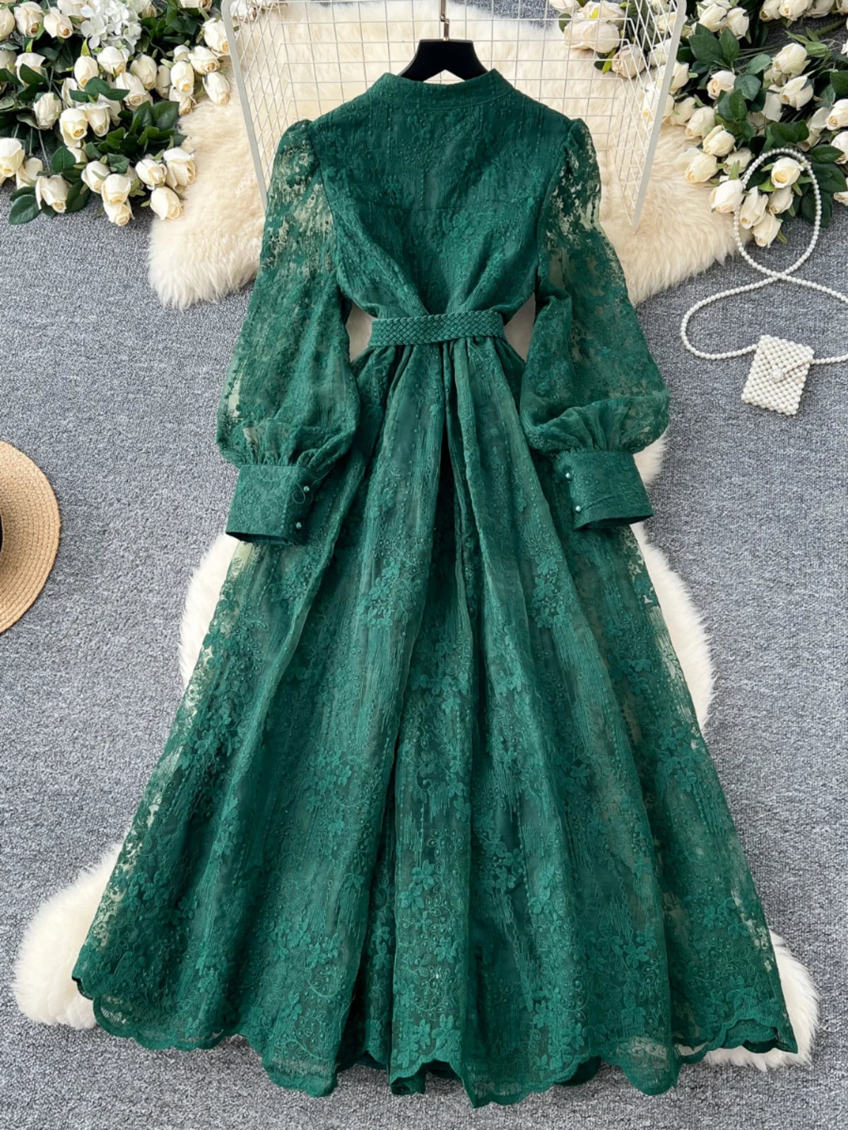 High-End Women's Dress Heavy Embroidery A-Line Long Skirt V-Neck Lantern Sleeve Single Button High Waist Korean Style Commute