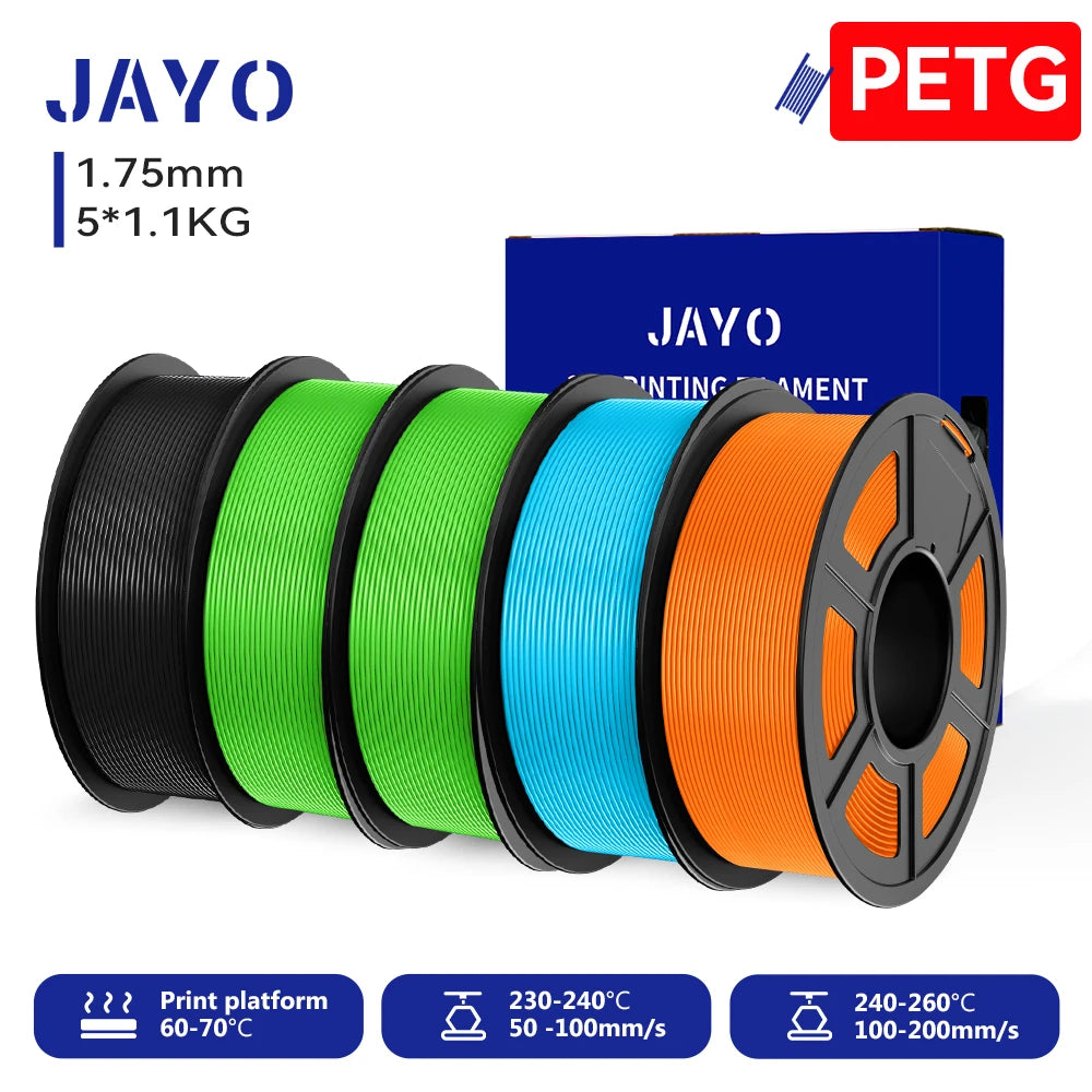 JAYO 3D PETG/PLA/PLA PLUS Filament 1.75mm PLA Filament 5 Rolls For Bambu FDM 3D Printer Neatly Wound 3D Printing Material for 3d