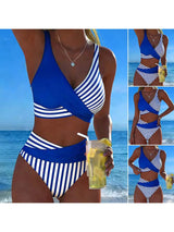 V Neck Tank Swimwears High Waist Bikini Summer Beach Bathing Suit Swimsuit Women Vertical Stripe Patchwork Bikini Set Wrap Front