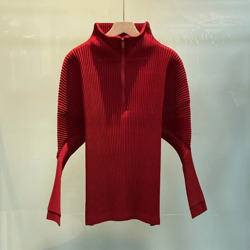 Miyake Casual Stand-up Collar Pullover Sweater Autumn and Winter New Solid Color Loose Pleated Long-sleeved Jacket Women