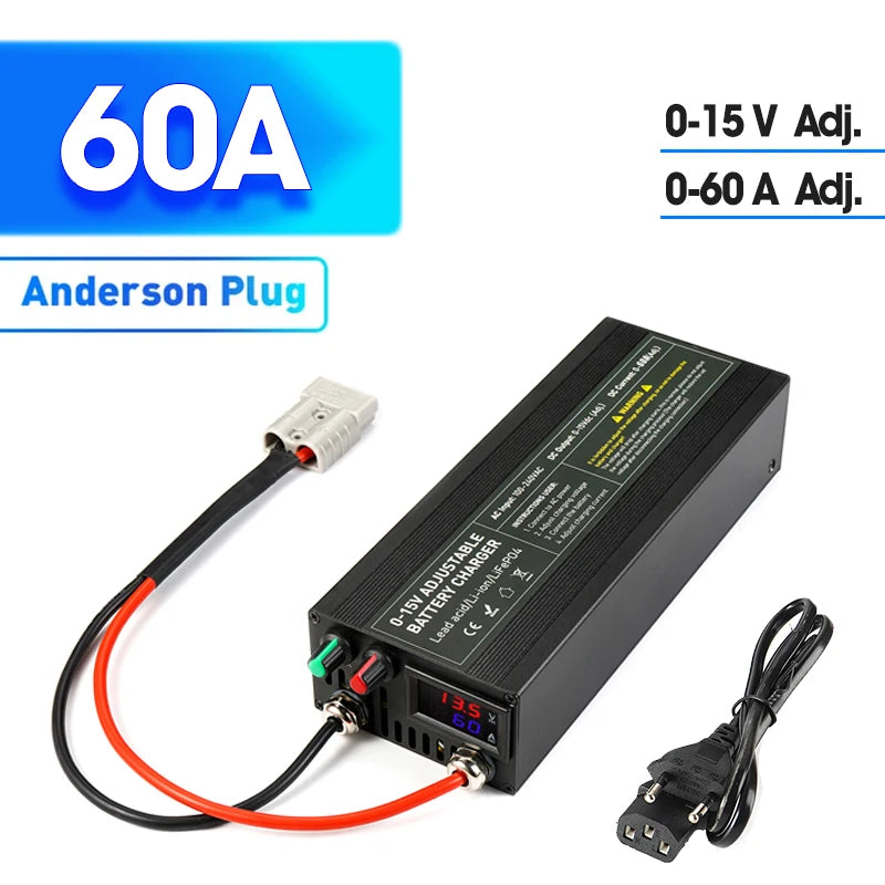 Lifepo4 Charger Power 12V 60A 100Ah Lithium Battery Charger Current /Voltage Adjustable Solar System Battery Power Accessories