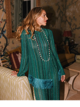 Women Solid Color Long Kaftan Dress Chic Vertical Stripe Print V Neck Fringe Cuff Hem Loose Robe Casual Daily Party Holiday Wear