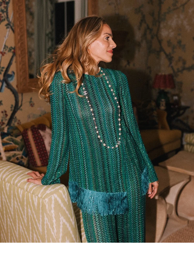 Women Solid Color Long Kaftan Dress Chic Vertical Stripe Print V Neck Fringe Cuff Hem Loose Robe Casual Daily Party Holiday Wear