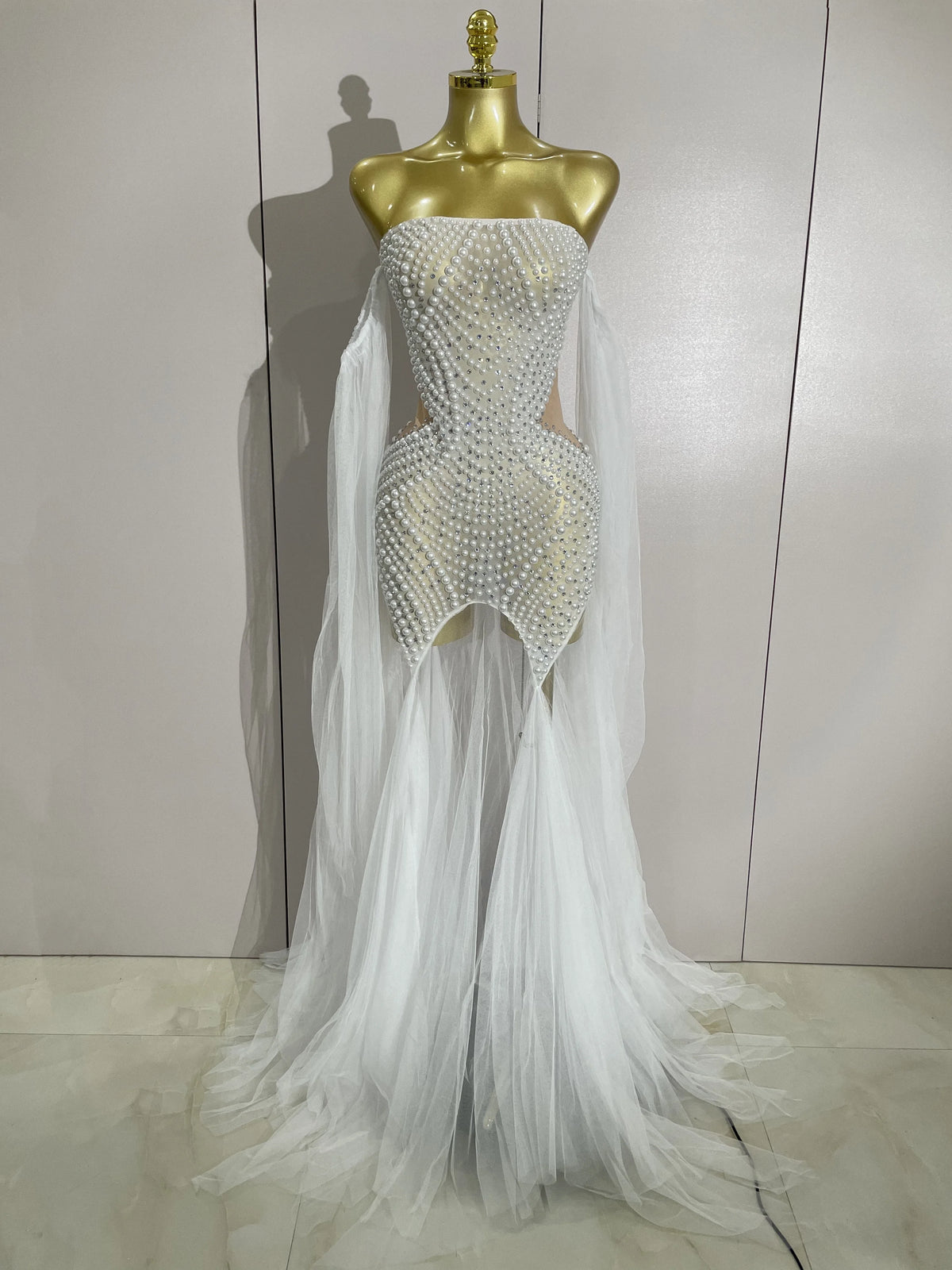 Elegant Sparkly Rhinestone White Pearl Sexy Strapless Mesh Long Dress Wedding Guest Gowns Luxury Birthday Evening Party Dress