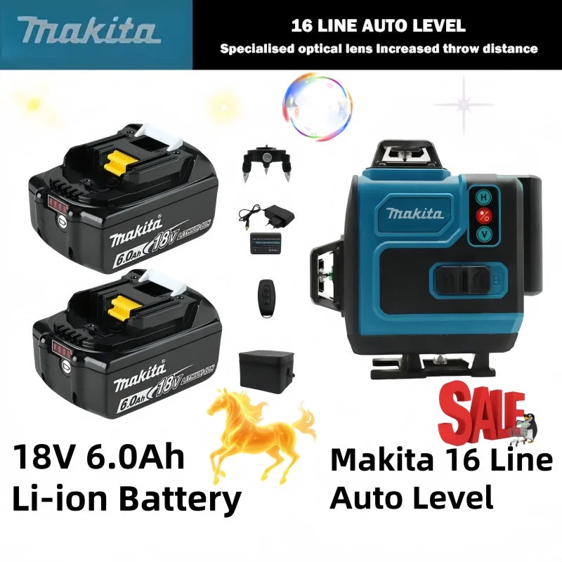 Makita 18V Battery,16Lines4D Green Laser Level, 360°Self Leveling High Precision Horizontal Vertical Cross Line For Construction