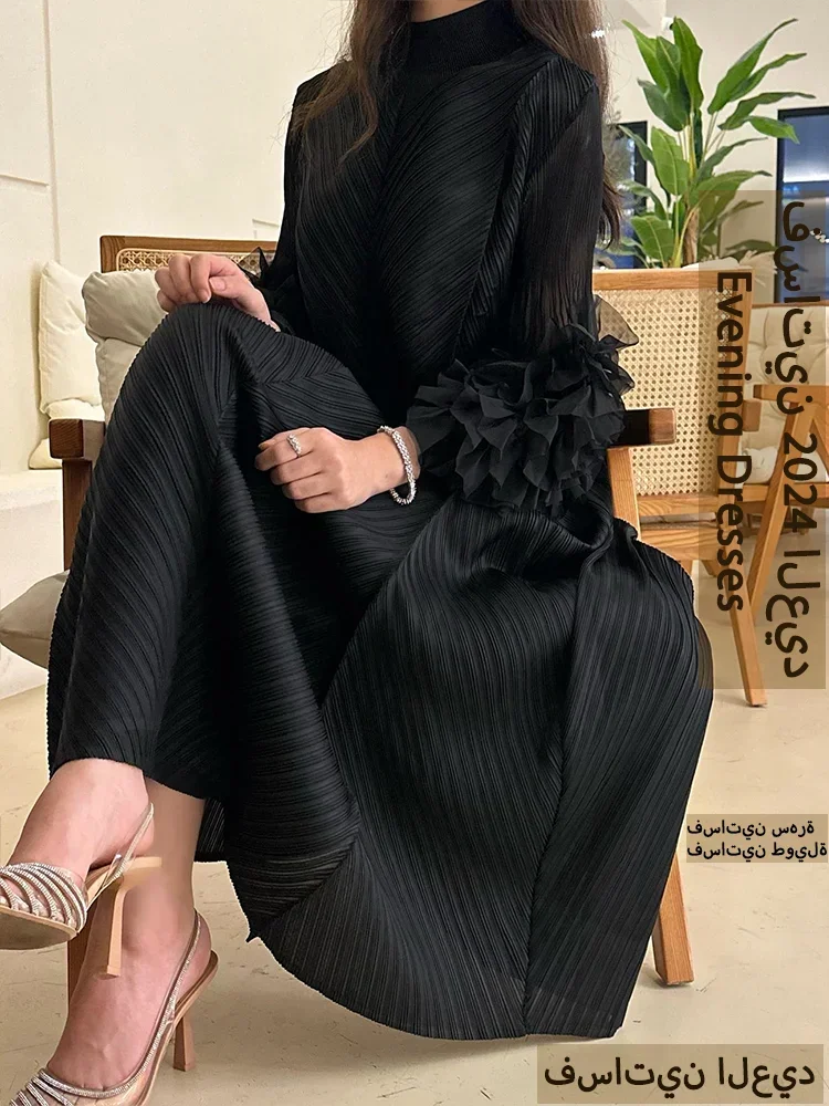 YUDX Luxury Purple Miyake Pleated High Neck Maxi Evening Dress, Ruffle Sleeve Women's Wedding Guest Ramadan Party Dress 2026 New