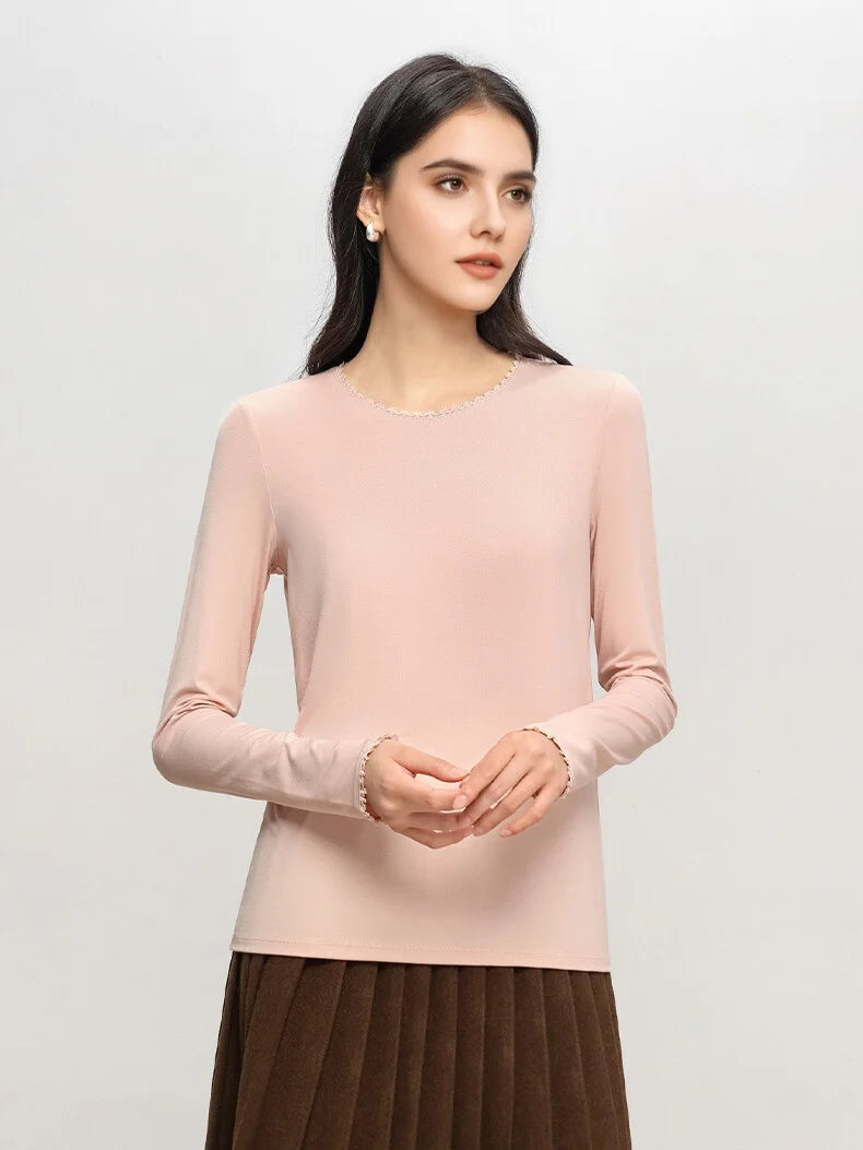 SuyaDream, Women Solid T Shirts, Silk Viscose Blend, Lace O Neck, Long Sleeved Tee, 2025 Spring Autumn Basic Top, Pink, White