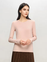 SuyaDream, Women Solid T Shirts, Silk Viscose Blend, Lace O Neck, Long Sleeved Tee, 2025 Spring Autumn Basic Top, Pink, White
