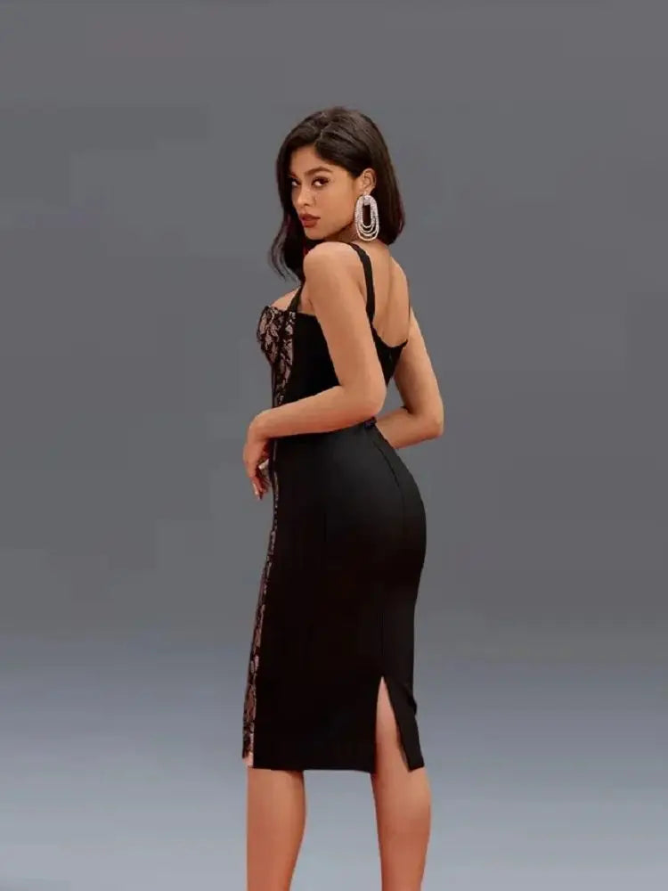 BEAUKEY Sexy Vintage Quality Black White Lace Bandage Evening Dress Women Summer Party Bustier Split Ladies Vestido Sexy Dress