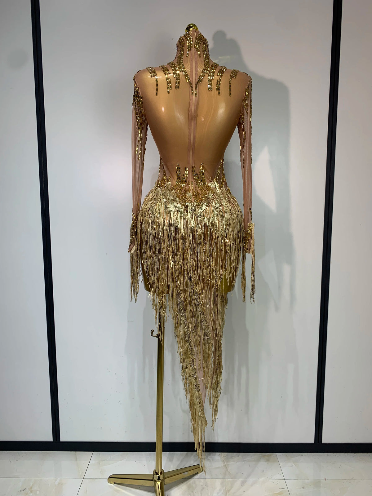 Sexy Stage Costume Sparkly Rhinestone Golden Tassel Mesh Dress Evening Party Luxury Birthday Nightclub Bar DJ Dancer Outfit