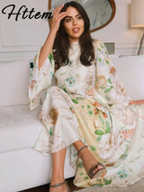 Elegant Long Print Women Dress Vacation Stand Collar Full Flare Sleeve Waist-cinching Female Dresses 2026 Summer Lady Robe New