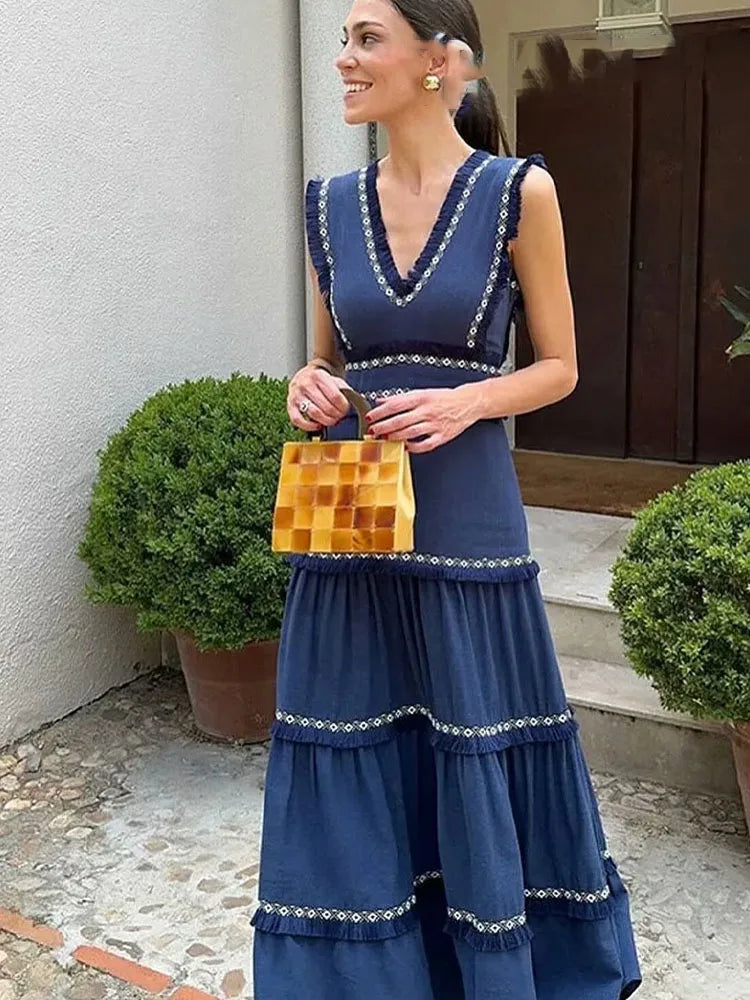 HH Summer Fashion Women Dresses V-Neck Sleeveless Back Zipper Lace Decorative Tassels Woman High Street Vestidos Dress Mujer