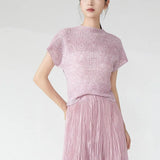 LANMREM Chic Printting Top Women's Elastic Slim Pleated Design Short Sleeve T-shirts 2025 New Stand Collar Pullover Tee 2DB3274
