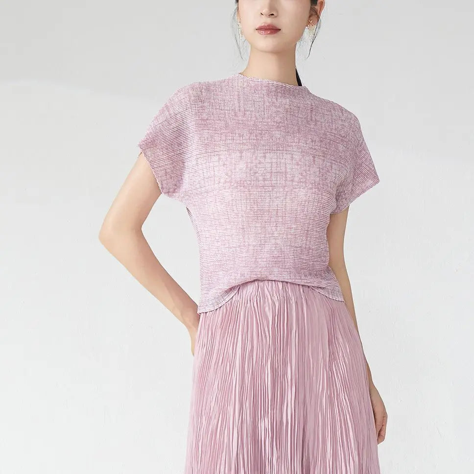 LANMREM Chic Printting Top Women's Elastic Slim Pleated Design Short Sleeve T-shirts 2025 New Stand Collar Pullover Tee 2DB3274