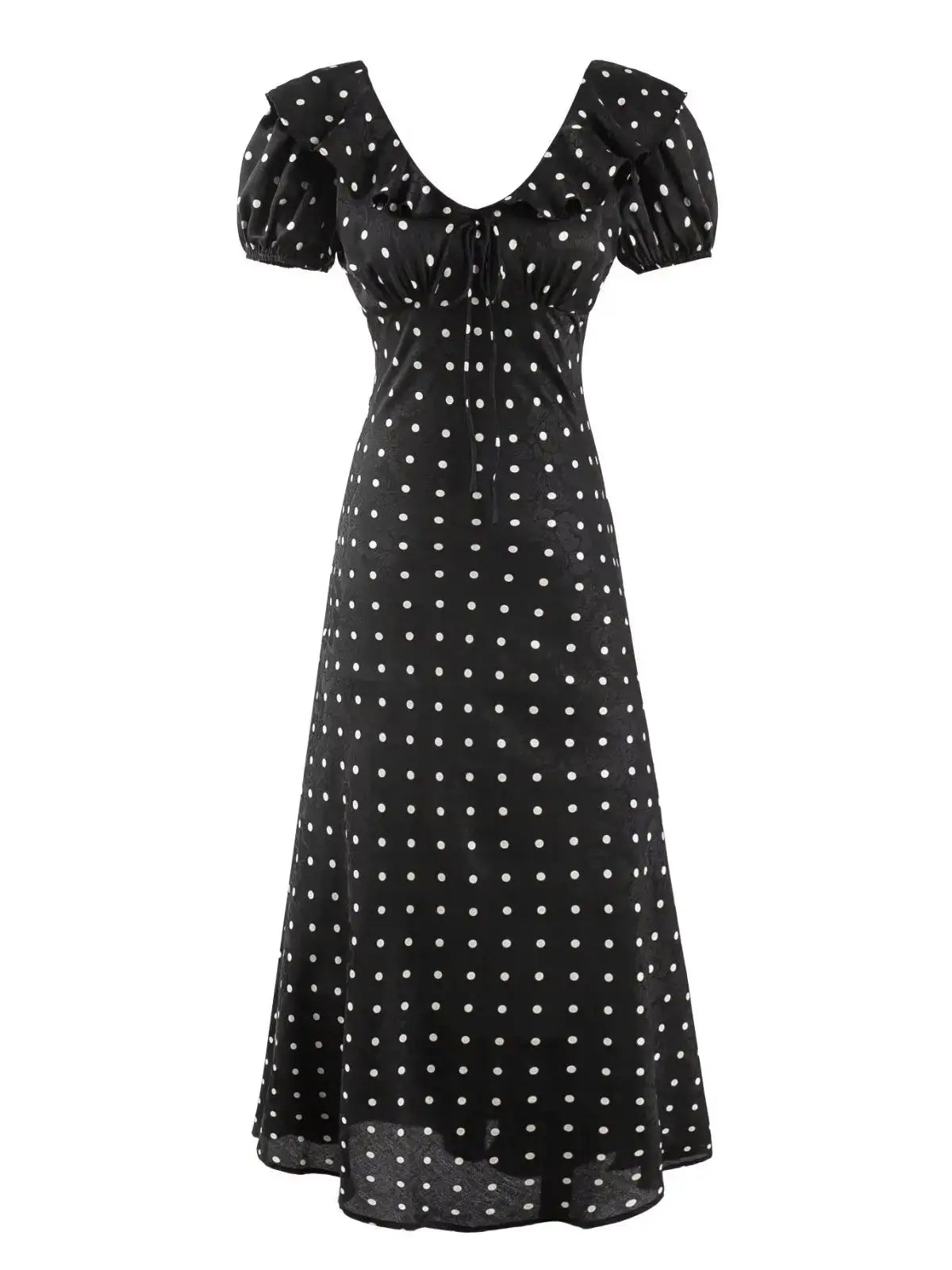 Chu Sau beauty Women New Fashion Sweet Polka Dot Print Chic Ruffles Midi Dress French V-Neck Puff Sleeve Vintage Party Dresses