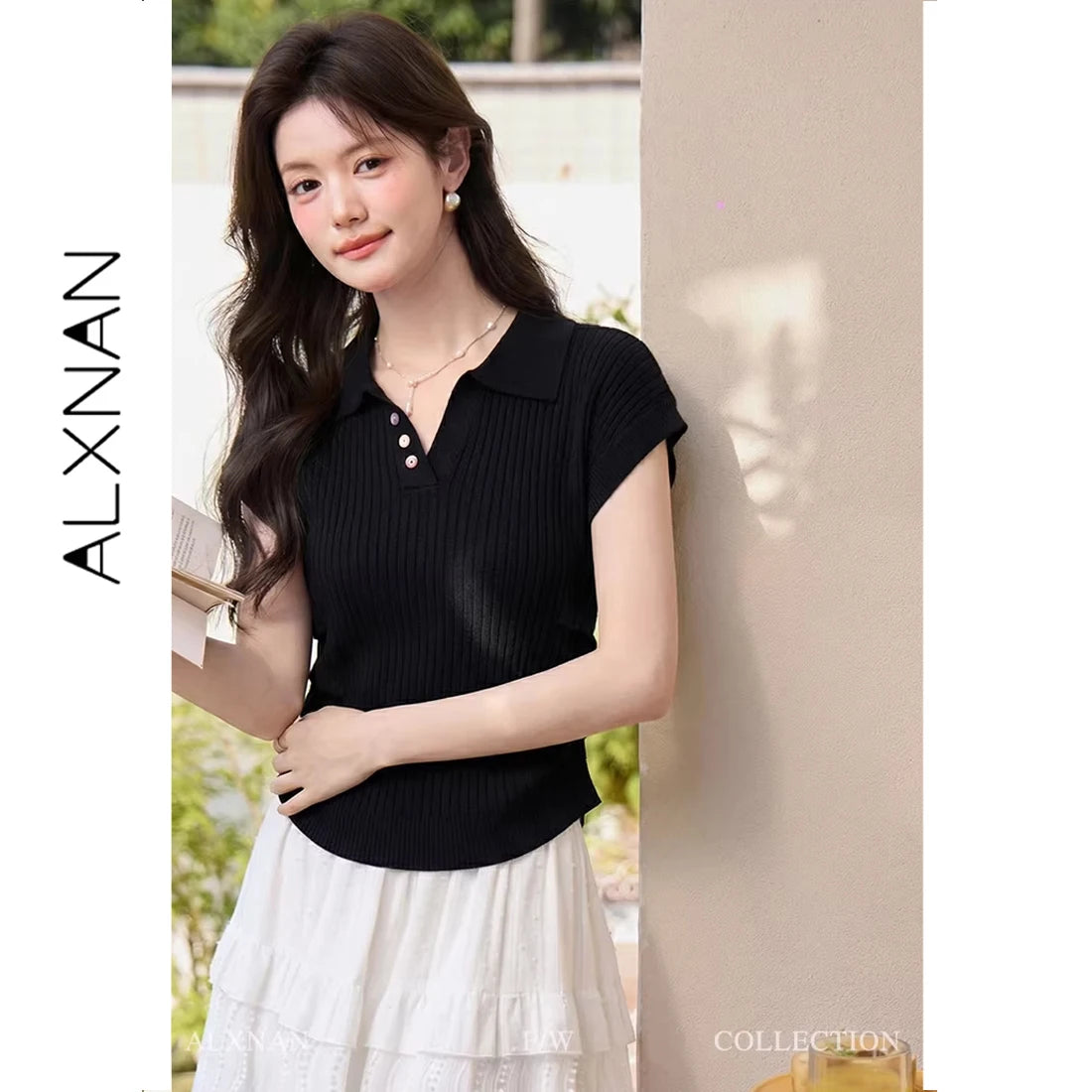 ALXNAN Women's T-shirt Lapel Elegant Casual Knitted Short Sleeve T-shirts 2026 Summer Loose-fit Waist Ruched Tops Female L56365