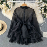 TARUXY Chiffon Dress For Women 2025 Bandage Ruffle Splice Mesh Long Sleeve Cover-up Woman Beach Sexy Bow Oversized Dresses Femme