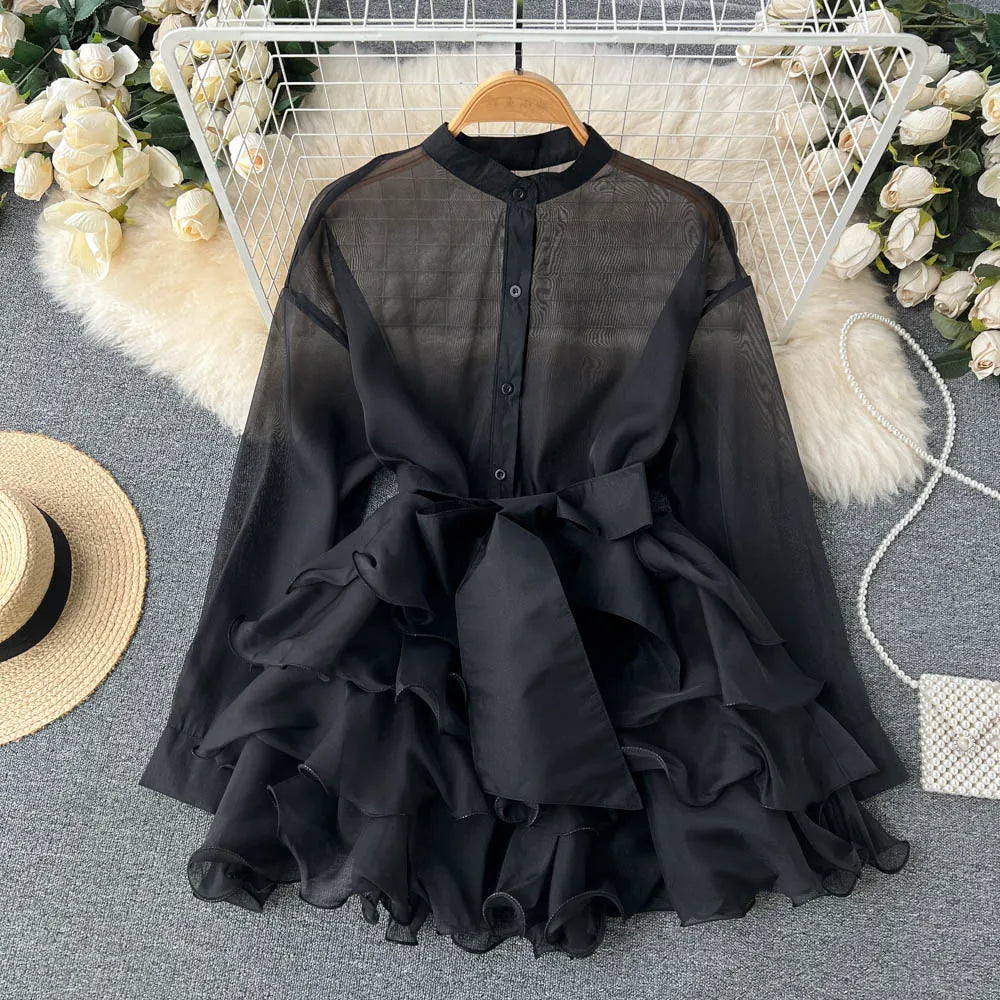 TARUXY Chiffon Dress For Women 2025 Bandage Ruffle Splice Mesh Long Sleeve Cover-up Woman Beach Sexy Bow Oversized Dresses Femme