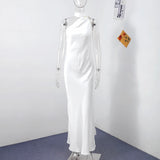 Elegant Satin Ribbons Halter Party Dress Women's Sexy Backless Off Shoulder Sleeveless Robes 2026 Summer New Lady Evening Gowns