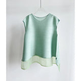 Miyake Light Purple Pleated Women's T-shirt Double Layer Crew Neck Sleeveless Casual Daily Meash Patchwork Hem Tee