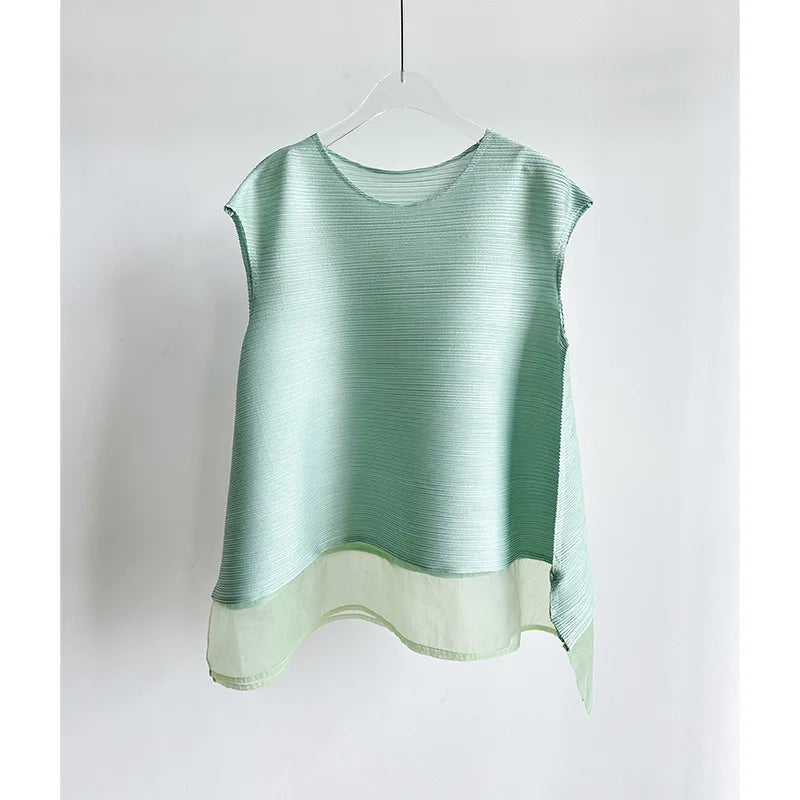 Miyake Light Purple Pleated Women's T-shirt Double Layer Crew Neck Sleeveless Casual Daily Meash Patchwork Hem Tee