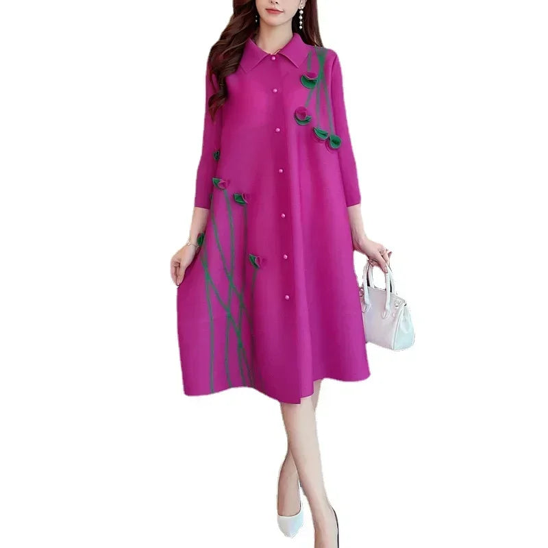 YUDX Miyake Pleated Large Size Dress Lapel Print Loose Large Size Fat Thin Single-breasted Cardigan Dress 2025 Autumn