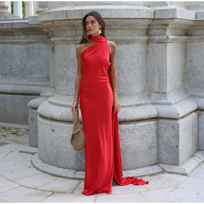 Sexy Satin Ribbon Party Dress Women Elegant Halter Backless Off Shoulder Sleeveless Female Dresses 2026 Summer Solid Robe Gown