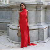 Sexy Satin Ribbon Party Dress Women Elegant Halter Backless Off Shoulder Sleeveless Female Dresses 2026 Summer Solid Robe Gown