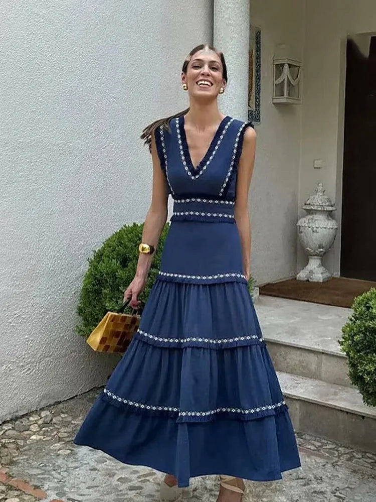 HH Summer Fashion Women Dresses V-Neck Sleeveless Back Zipper Lace Decorative Tassels Woman High Street Vestidos Dress Mujer