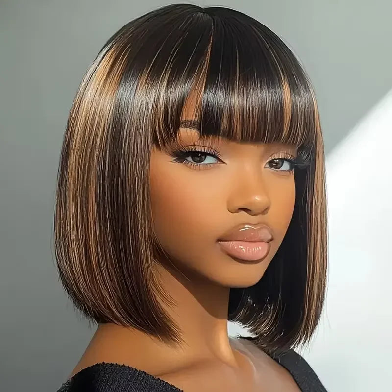 220% Density Ready To Go Glueless Human Hair Wigs 10 Inch 1B/30 Highlight Ombre Straight Wear And Go Glueless Bob Wig 2x1 Lace Closure Wig Human Hair For Women