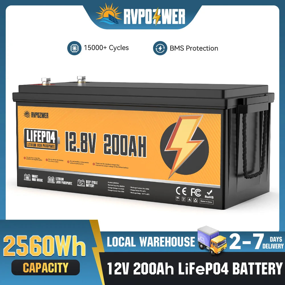 RVPOZWER LiFePO4 Lithium Iron Phosphate Energy Storage Battery, Built-in 200A Smart BMS Protection, 15000+ Deep Cycle Lifespan, Low Self-Discharge Rechargeable Battery for Marine, RV, Off-Grid Solar Applications, 12V 200Ah 2560Wh