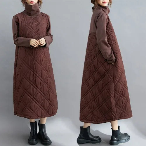 Autumn Winter plus Size Loose Slimming Color Cotton Thiened Warm Splicing Long Dr Faionable High Collar Dr