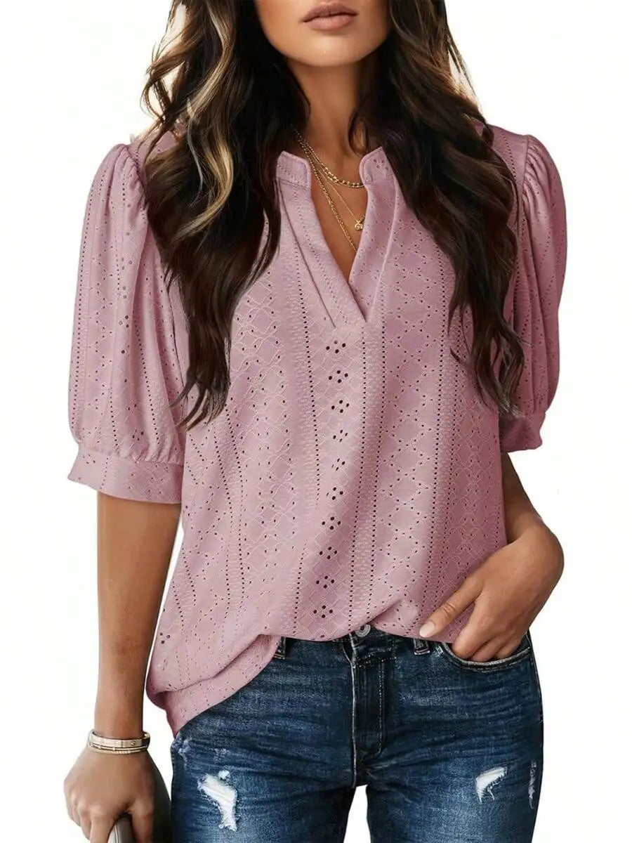 Womens Summer Casual V-Neck Short Sleeve Hollow Out Top