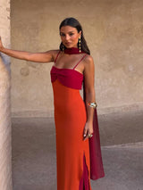 Spaghetti Strap Cape Neck Two Tone Maxi Dress Spaghetti Strap Slimming Sundress 2026 Summer Holiday Chic Ladies Party Vestidos