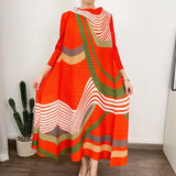 ANLAN Miyake Pleated Dress 2024 Summer New O-Neck Long Sleeved Printed Fashion Evening Dresses Elegant Women's Clothing 9AK2075