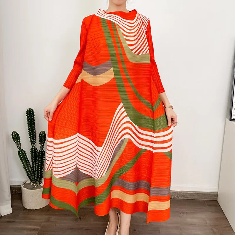 ANLAN Miyake Pleated Dress 2024 Summer New O-Neck Long Sleeved Printed Fashion Evening Dresses Elegant Women's Clothing 9AK2075