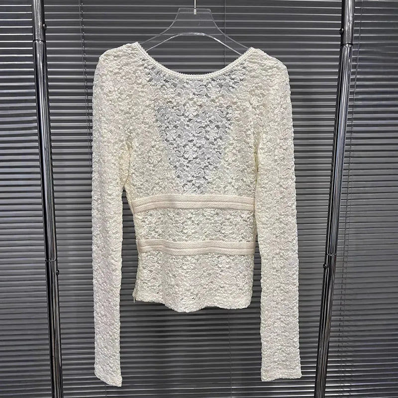 DEAT 2026 Spring New Lace Jacquard Bow Tie Backless Base Shirt For Women Versatile Long Sleeve Casual Pullover Female 11A08473