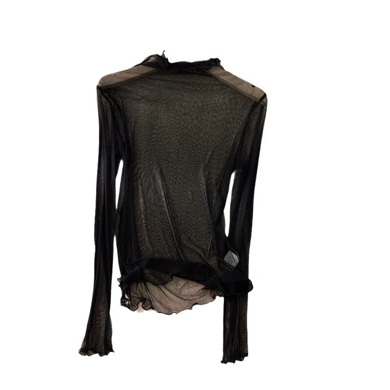 BirdTree, 100%Real Silk Girl Mesh T-shirt, Women Long Sleeve Transparent, Breathable Sexy Tops, 2026 Summer Autumn New T46587QM