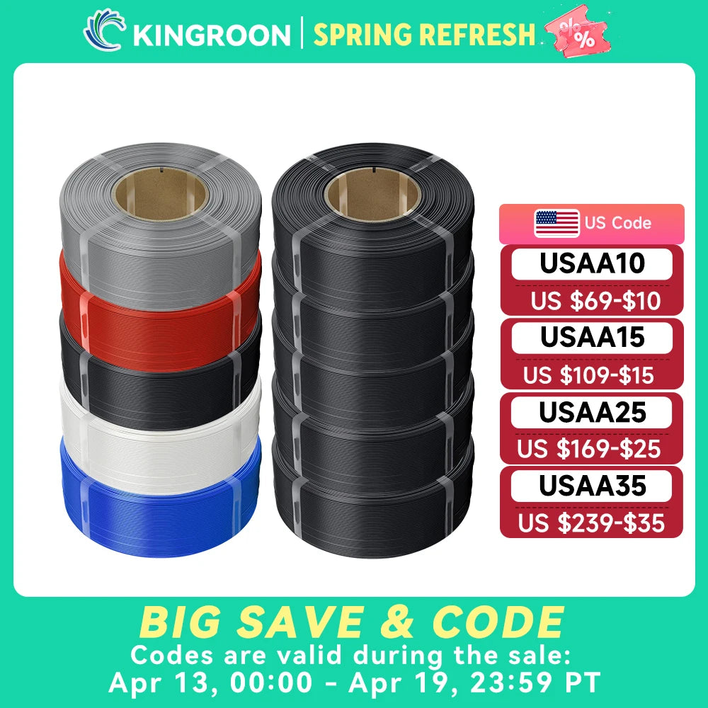 KINGROON No-Spool PLA Filament 1.75mm 10KG (22LBS) , 3D Printer Material PLA Refill For Bambu or DIY Reusable Spools, 10 Rolls