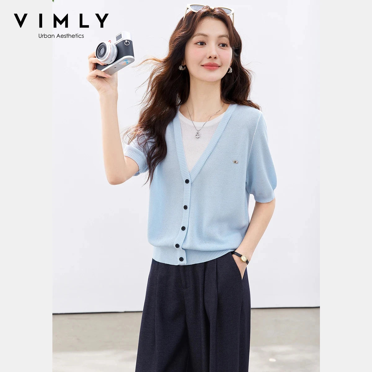 VIMLY Women's Office 2 in 1 Knit T-shirt 2026 Summer New Light Blue Fashion Casual Contrast Color Design Short Sleeve Top 30932